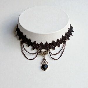 Black Lace Gothic Choker with Heart Pendant & Chain Layers